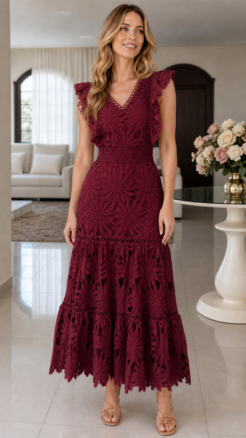 Front view of burgundy red floral embroidered lace tiered maxi dress