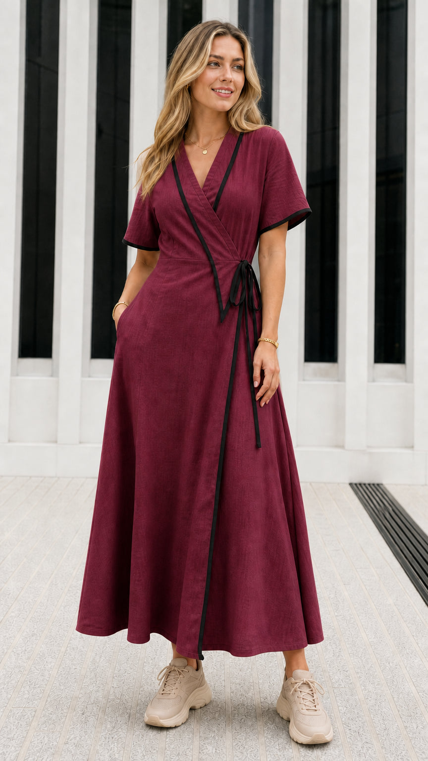 Model wearing Burgundy wine wrap maxi dress with black contrast trim
