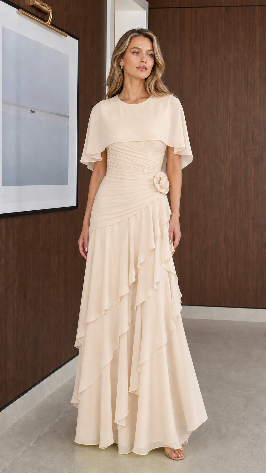Model wearing Champagne beige capelet chiffon evening maxi dress