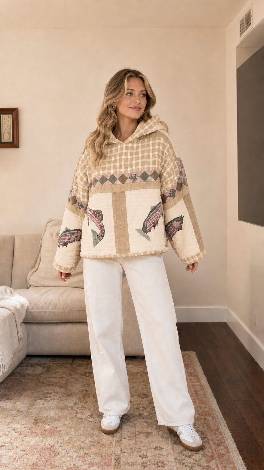 Model wearing Oatmeal Beige quilted patchwork hoodie with fish embroidery