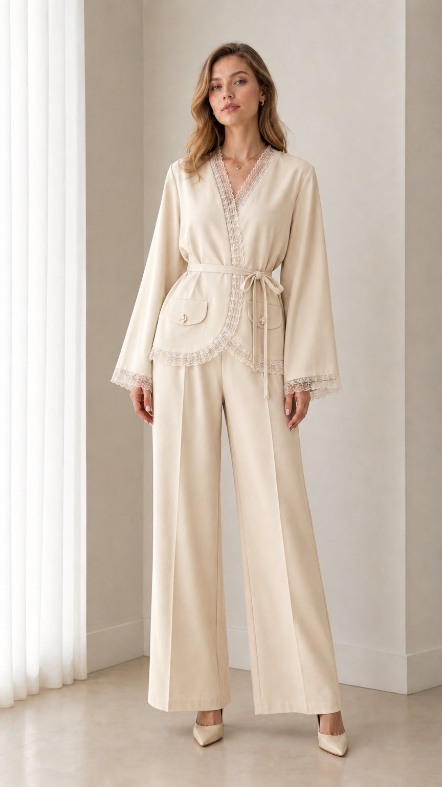 Front view of woman wearing cream ivory lace trim wrap suit set