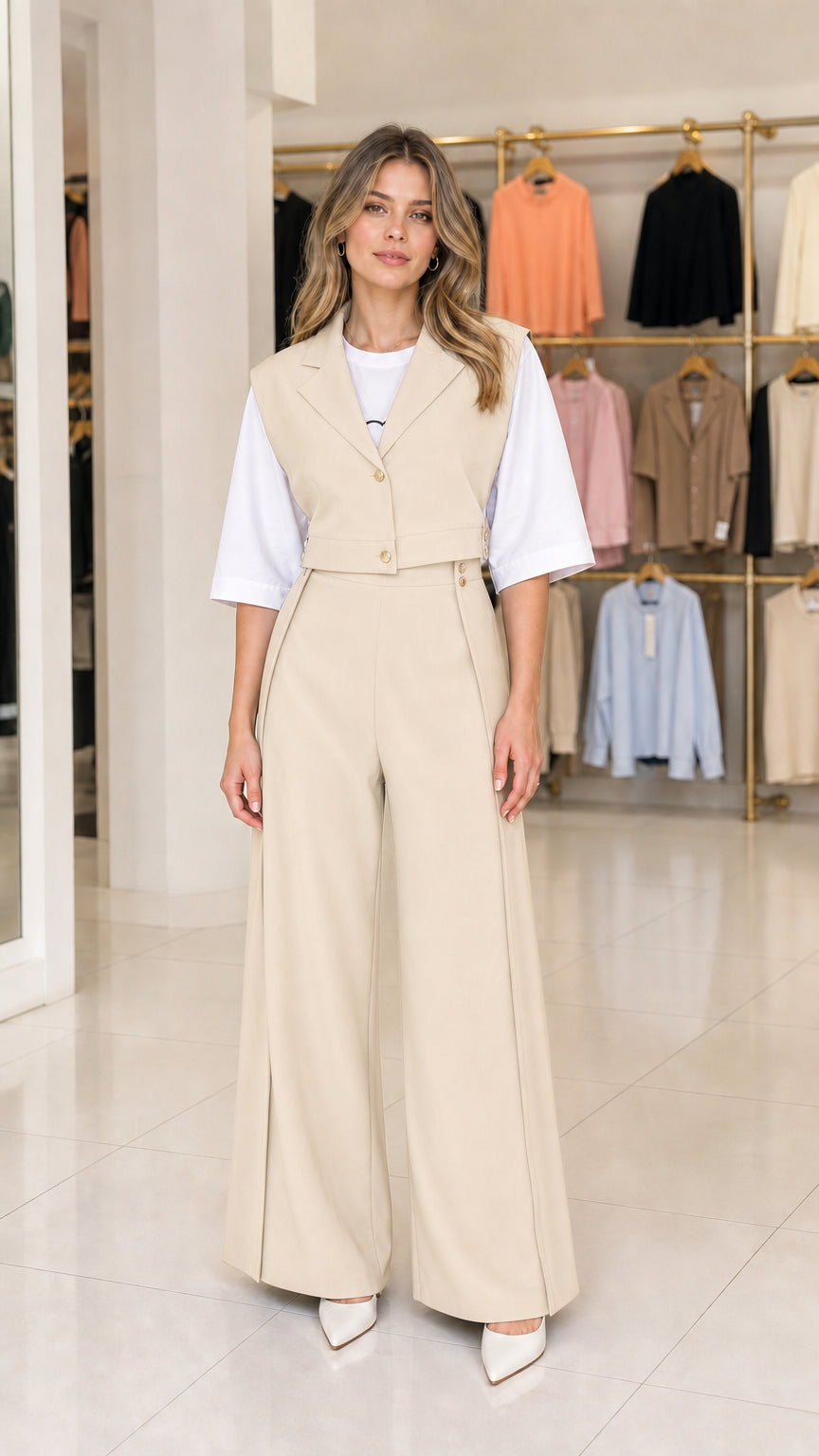 Front view of model wearing beige cream cropped vest and wide leg trouser set
