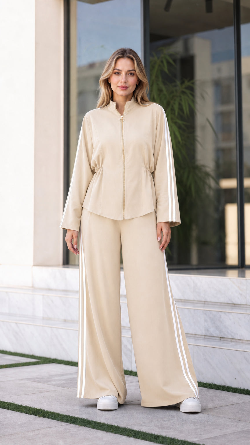Women's Beige cream two-piece tracksuit set with white side stripes
