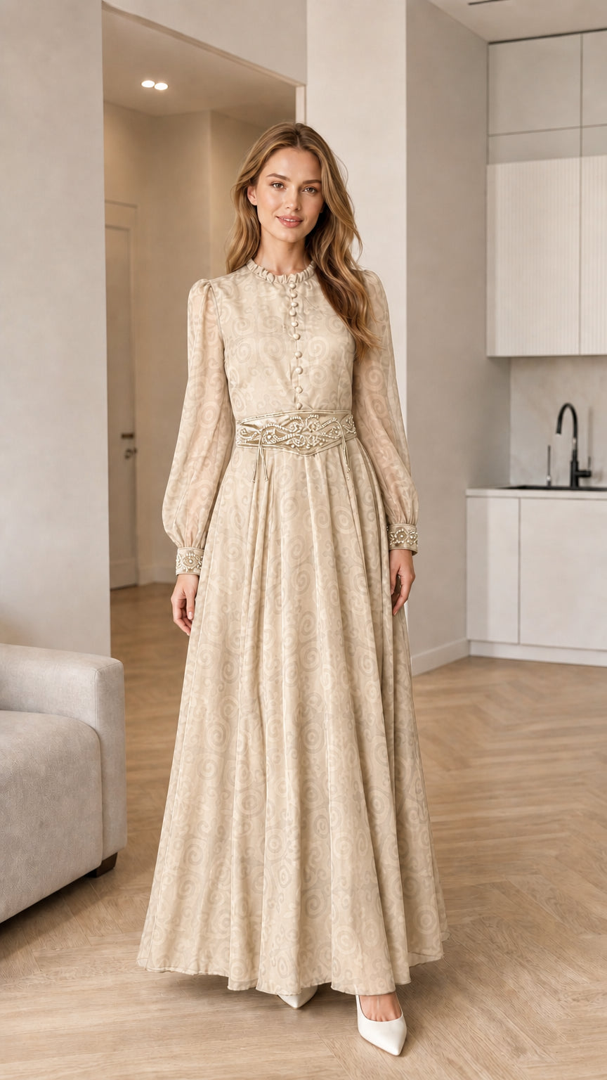 Champagne beige long sleeve jacquard maxi dress with embellished waistband