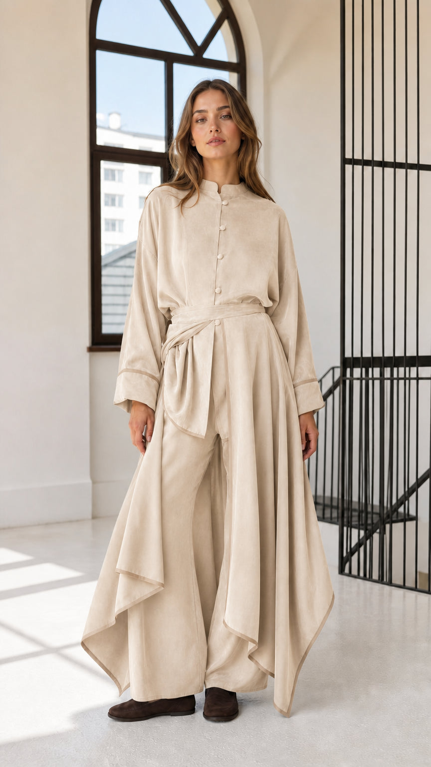 Front full-length view of woman wearing beige cream draped asymmetric tunic and wide-leg trousers set
