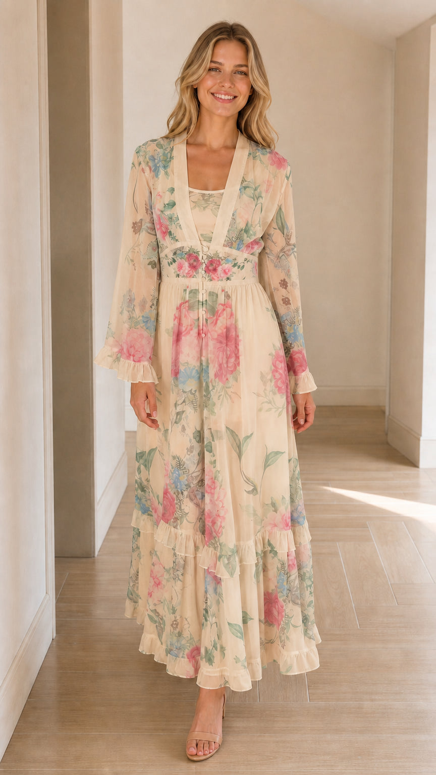 Full-length front view of cream floral long sleeve tiered maxi dress