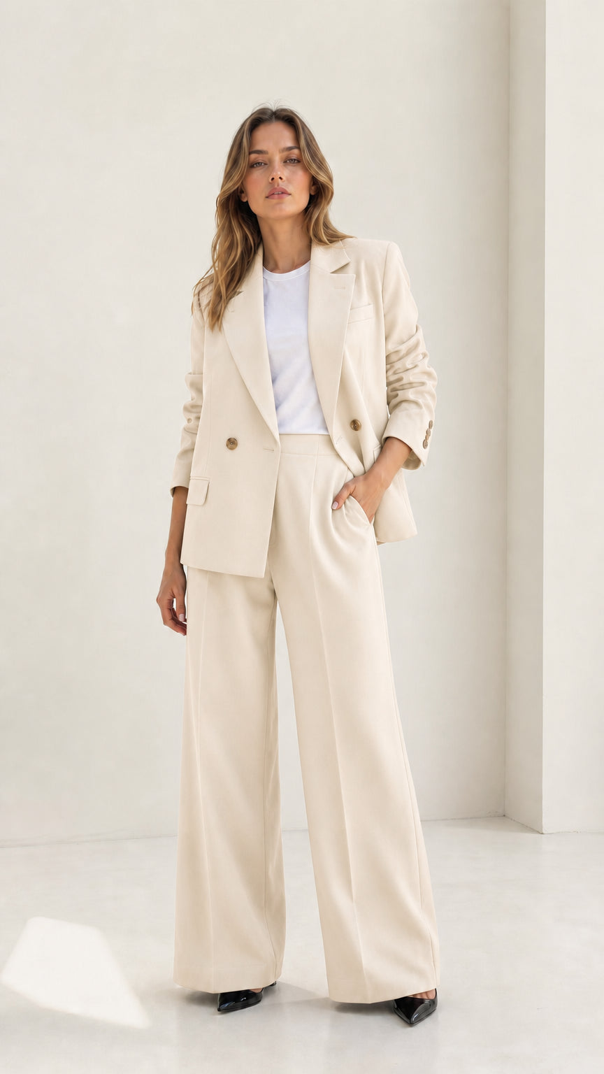 Woman wearing cream tailored double-breasted blazer and wide-leg trouser suit