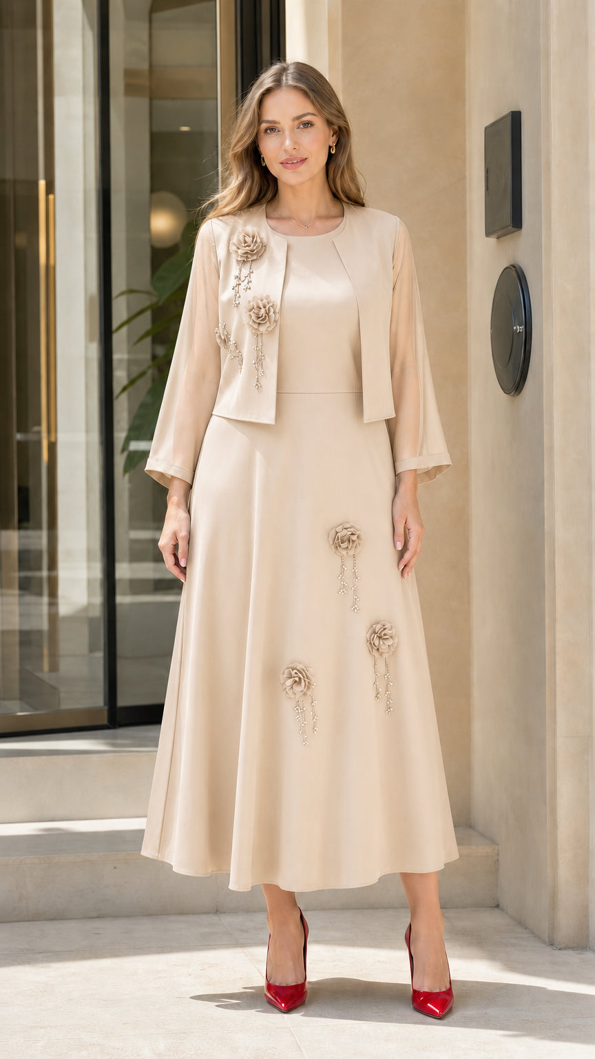 Full front view of Champagne beige 2-piece formal maxi dress set with matching jacket