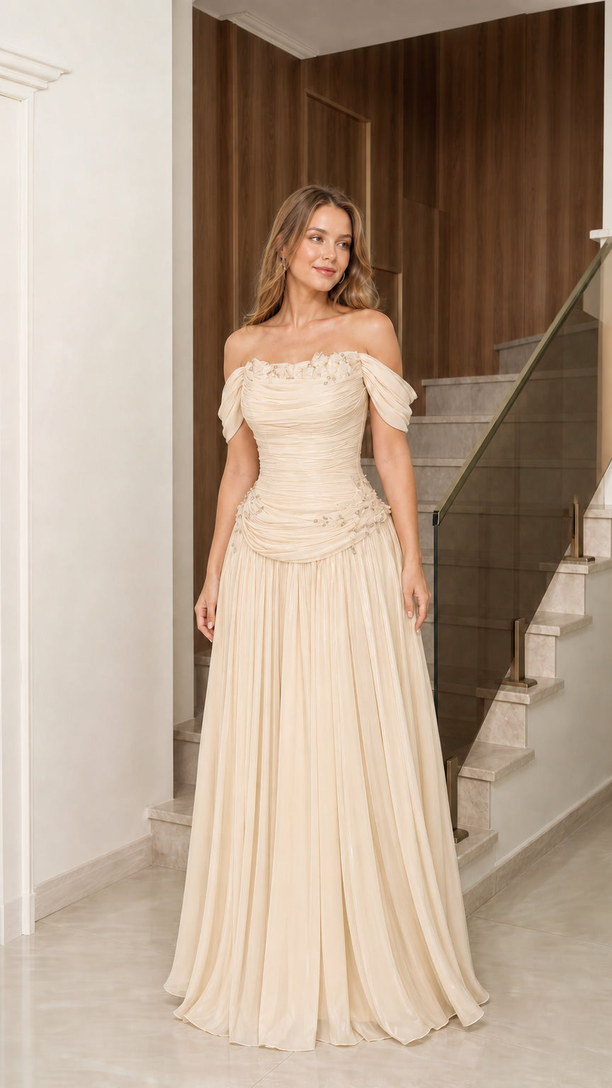 Front full-length view of champagne beige off-the-shoulder evening dress