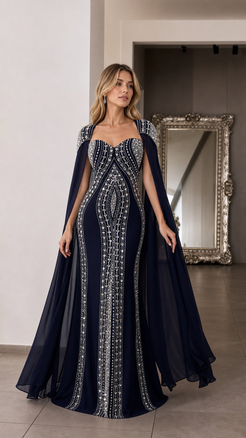 Front view of woman wearing navy blue rhinestone embellished evening gown with flowing cape