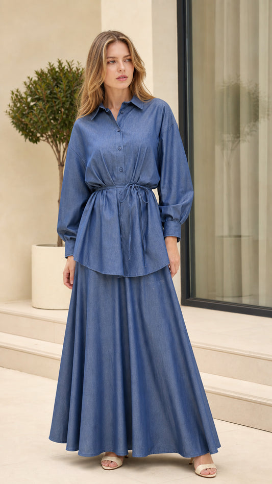 Front full-length view of woman wearing Denim Blue button-down shirt and maxi skirt set