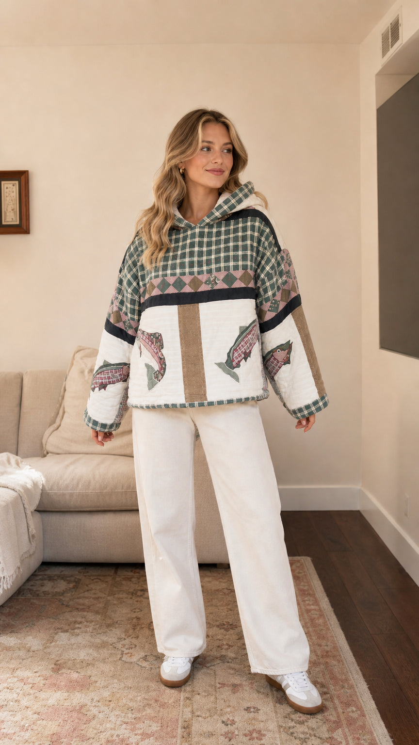Model wearing Sage Green plaid quilted hoodie with fish embroidery front view