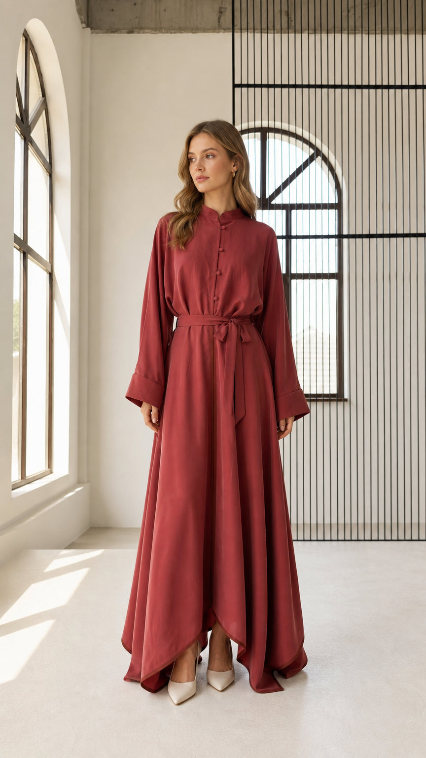 Front full view of woman wearing rust red long sleeve belted flowy maxi dress with stand collar