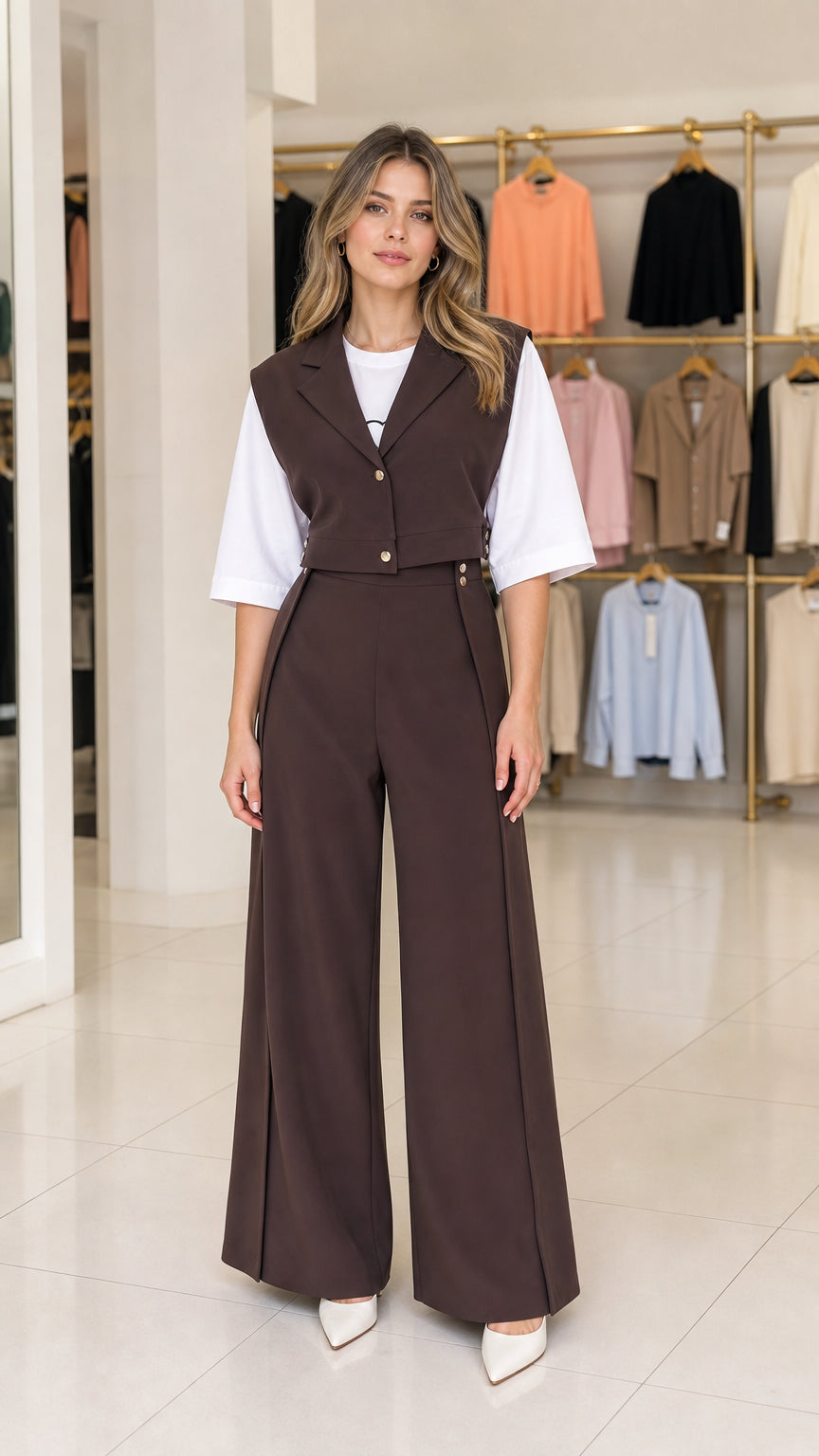 Front view of model wearing brown cropped vest and wide leg trouser two-piece set