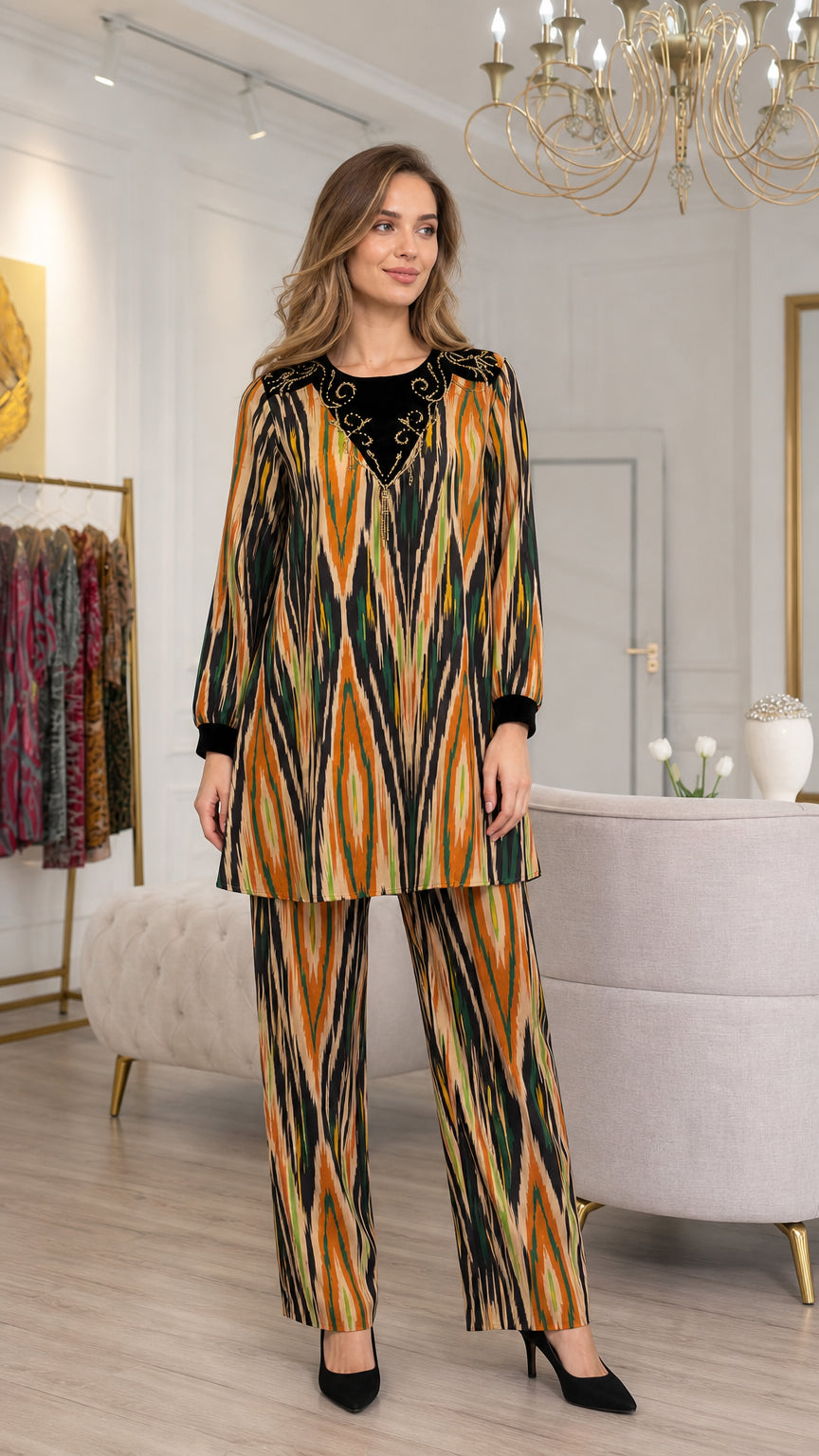Full front view of model wearing Amber Multi embroidered tunic and pants matching set