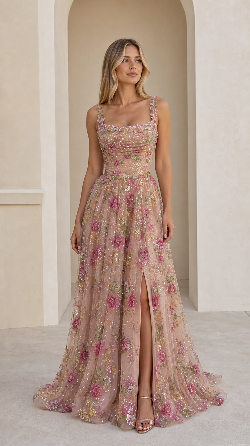 Front view of woman wearing Dusty Rose floral embroidered sequin formal maxi dress with thigh slit
