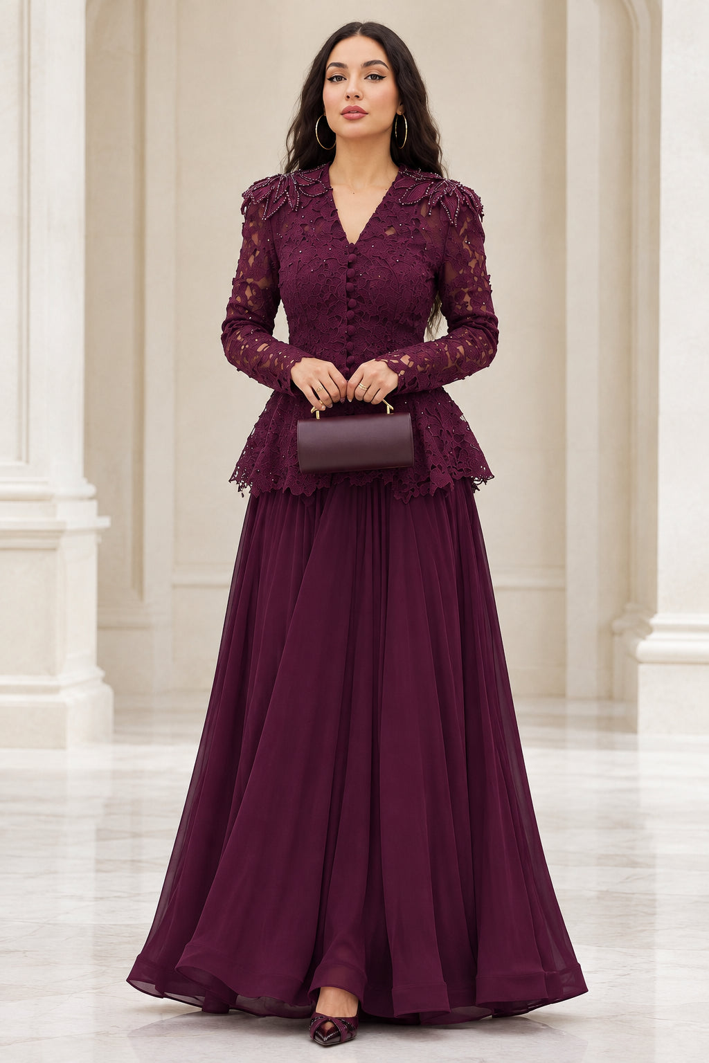 Front view of model wearing burgundy lace peplum formal maxi dress with clutch