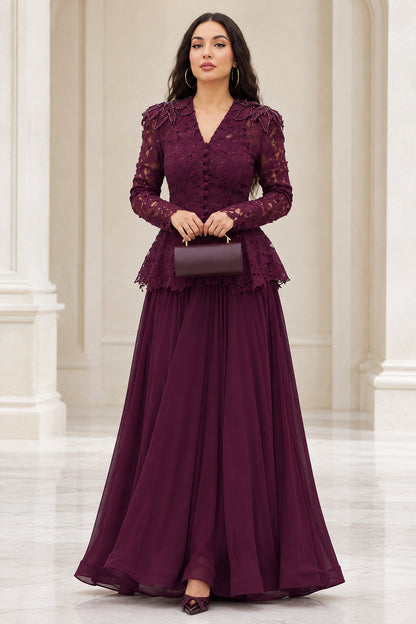 Front view of model wearing burgundy lace peplum formal maxi dress with clutch