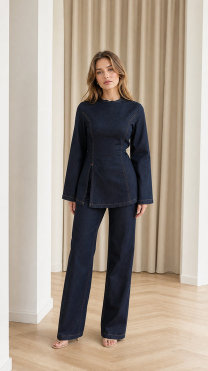 Front full-length view of woman wearing Dark Blue contrast stitch denim top and wide leg pants set