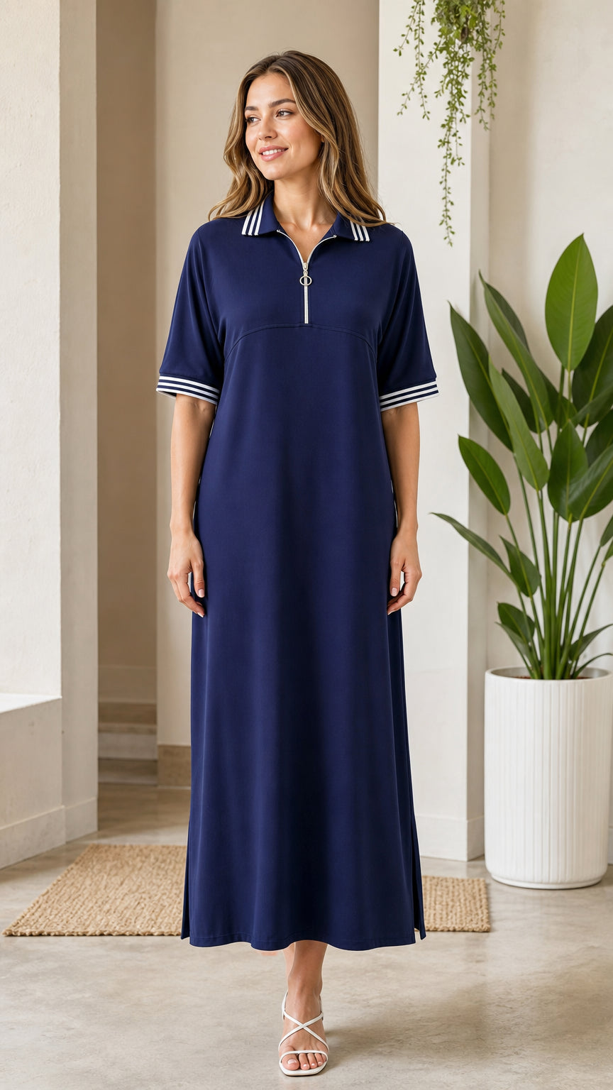 Women's navy blue half-zip polo maxi dress with striped collar and cuffs - front view