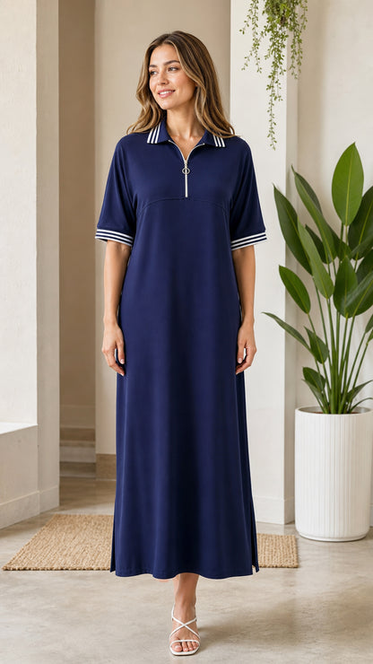 Women's navy blue half-zip polo maxi dress with striped collar and cuffs - front view