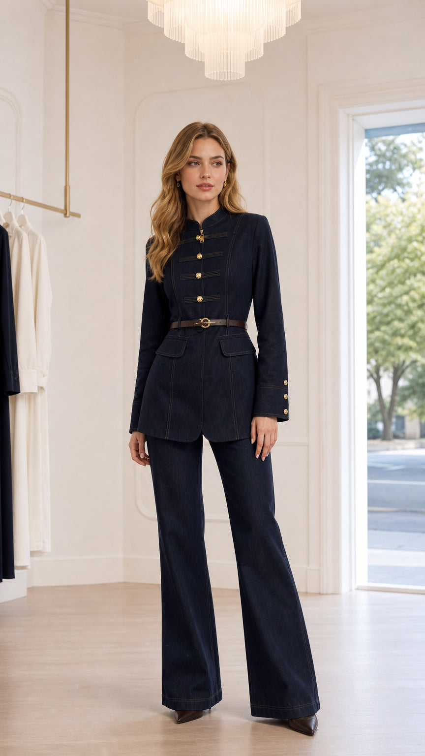 Front view of woman wearing navy blue military belted jacket and flare pants suit set