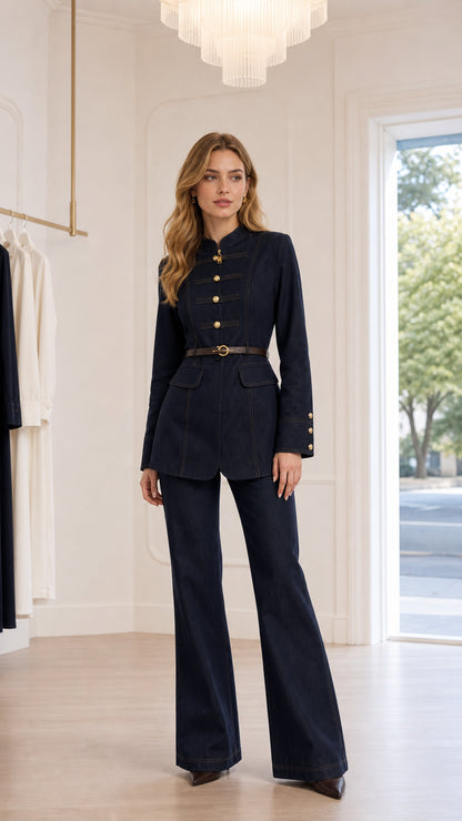Front view of woman wearing navy blue military belted jacket and flare pants suit set