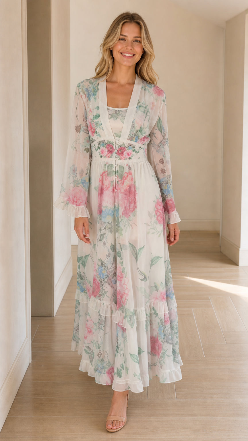 Front full-length view of woman wearing white floral long sleeve tiered maxi dress