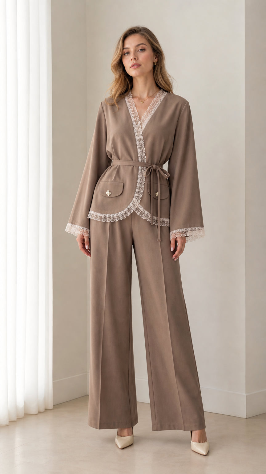 Front view of woman wearing taupe lace trim wrap blazer and wide leg trousers suit set