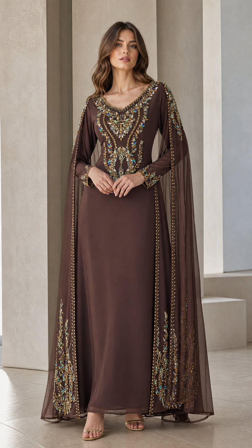 Front view of woman wearing brown embellished cape sleeve evening maxi dress