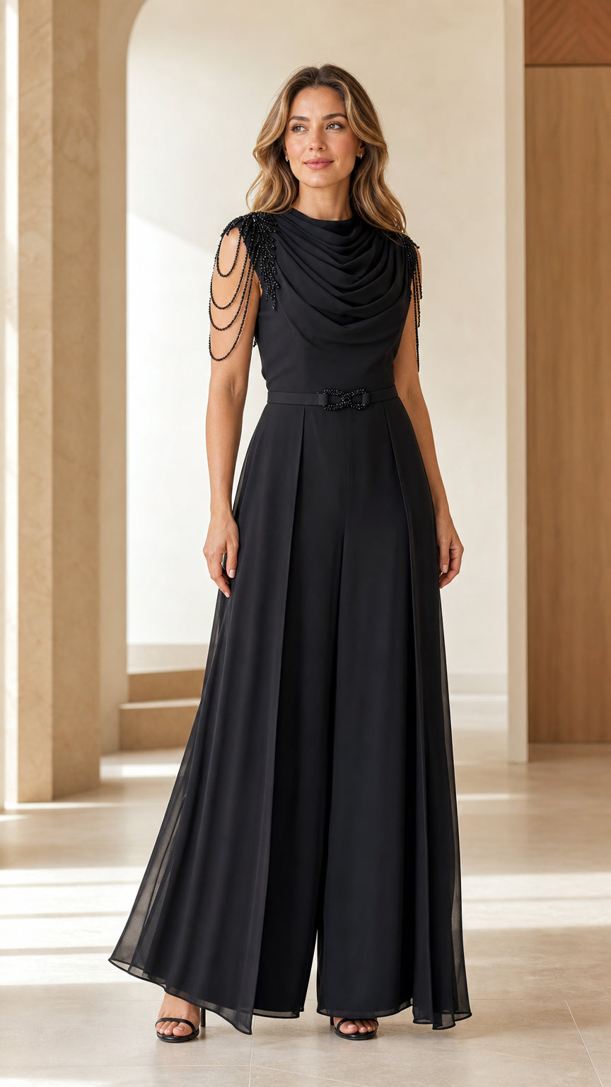 Front view of black draped cowl neck wide-leg formal jumpsuit with beaded shoulder details