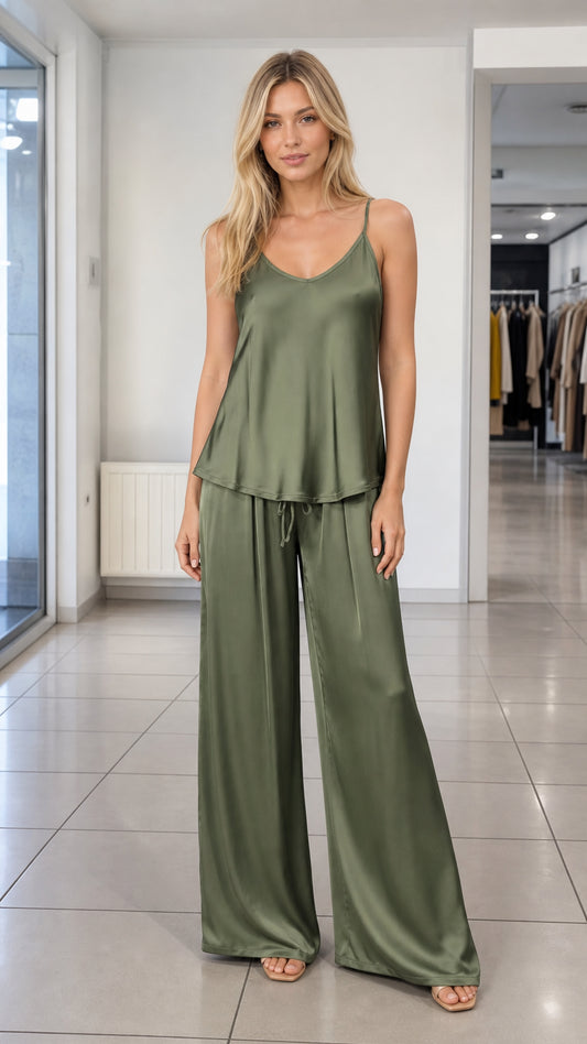 Front view of woman wearing Olive Green satin cami top and wide-leg trousers set
