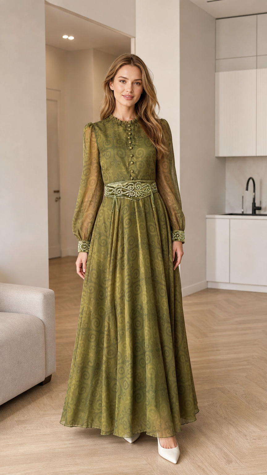 Olive green long sleeve jacquard maxi dress front view