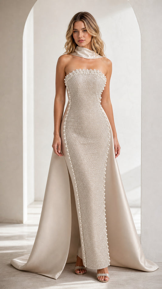 Full front view of Champagne pearl-embellished column evening gown with satin train