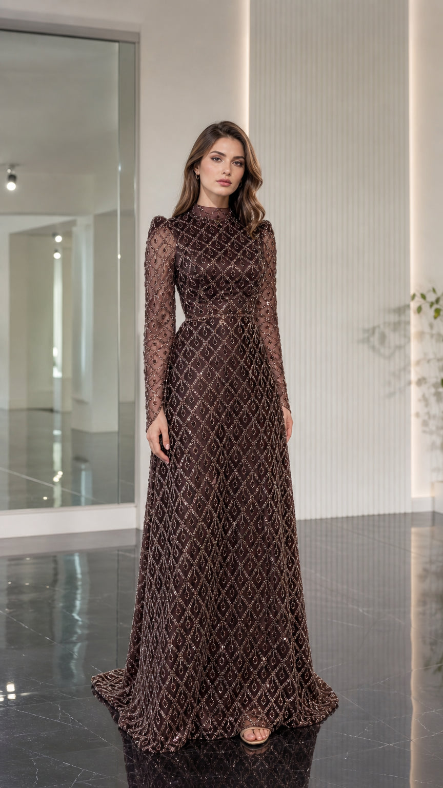 Front full view of chocolate brown high neck geometric beaded evening gown with long sleeves