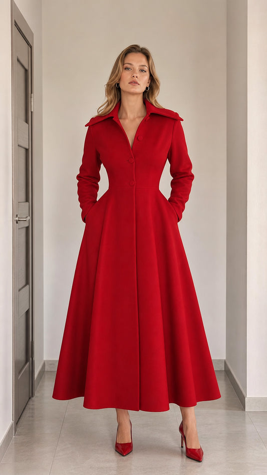 Front full-length view of woman wearing Red vintage corset maxi dress coat
