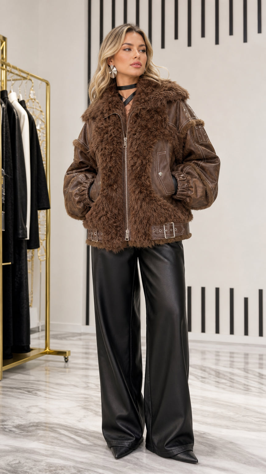 Full front view of model wearing brown faux leather and plush shearling paneled bomber jacket with black wide-leg trousers