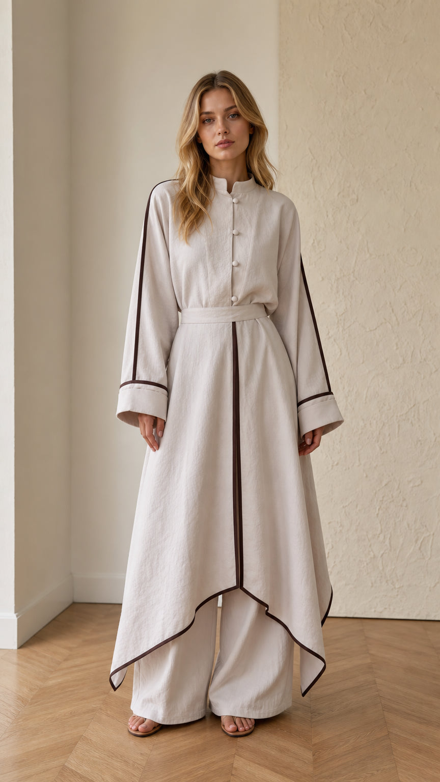 Full front view of beige mandarin collar asymmetrical tunic top and matching wide leg pants set