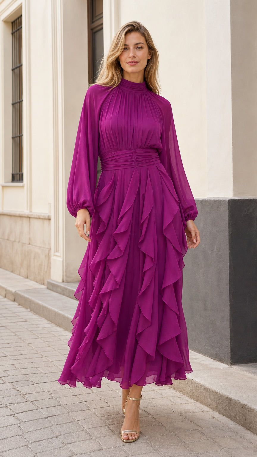 Front view of model wearing magenta high neck ruffle chiffon maxi dress with long sleeves