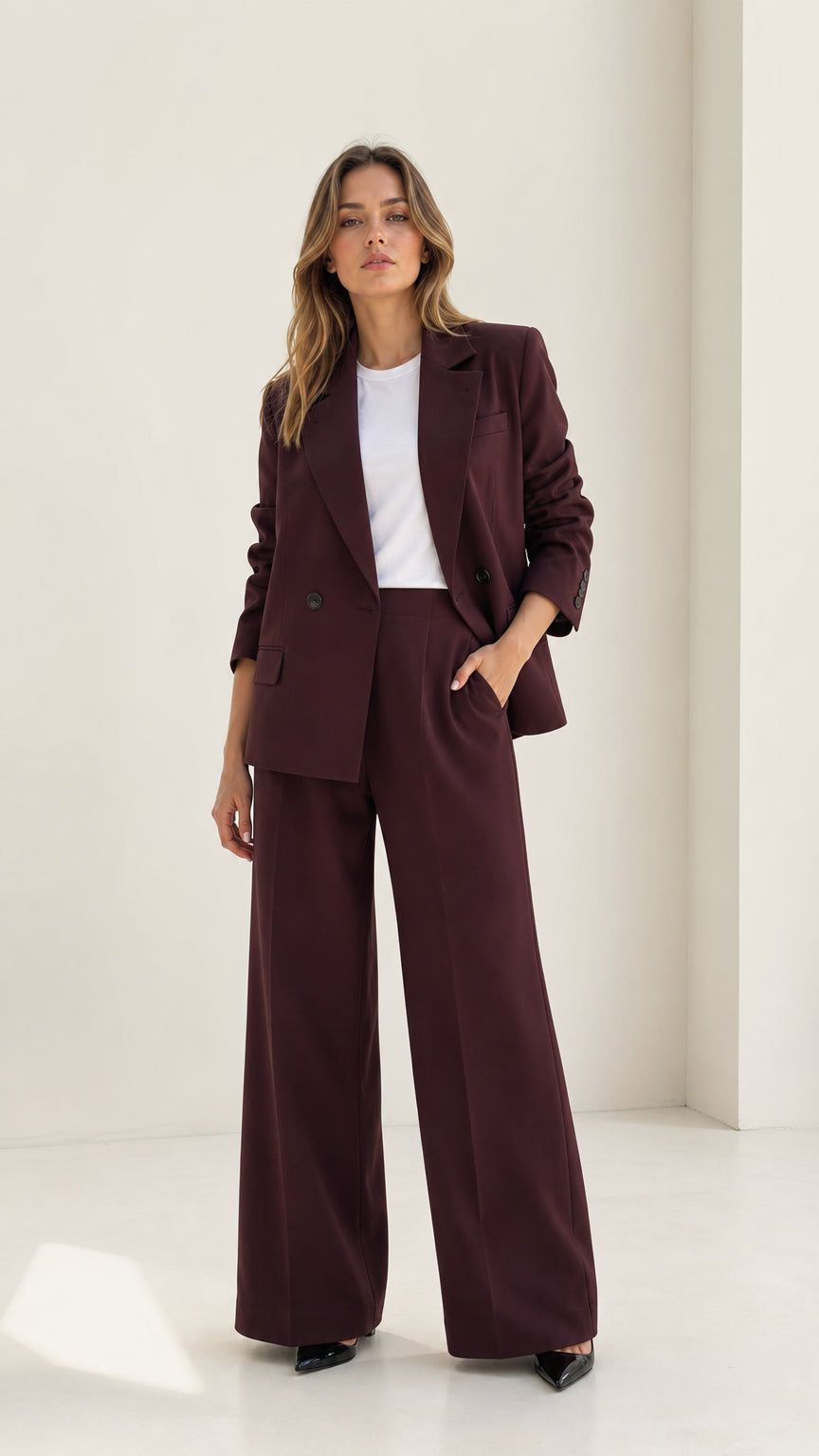 Front view of woman wearing burgundy tailored double-breasted blazer and wide-leg pants suit set