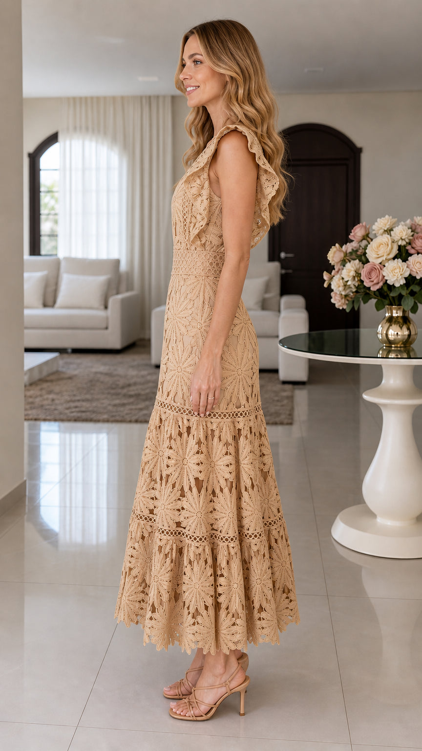 Side view of beige lace V-neck tiered maxi dress