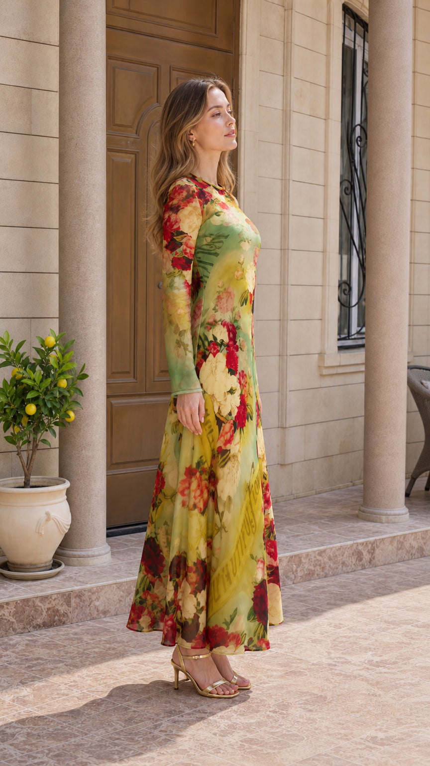 Side profile view of woman wearing olive yellow floral print long sleeve maxi dress