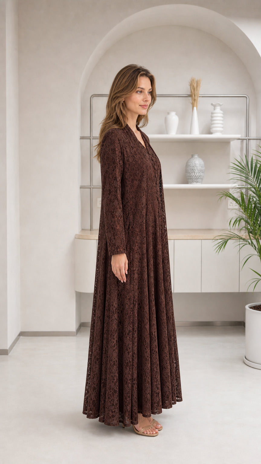 Side angle view of brown floral lace long sleeve maxi dress