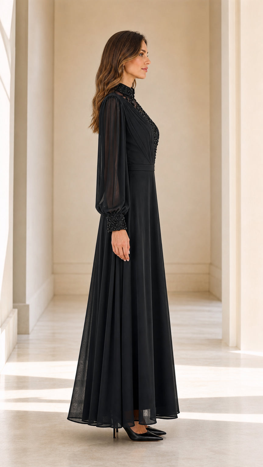 Side view of model wearing black high neck formal chiffon dress