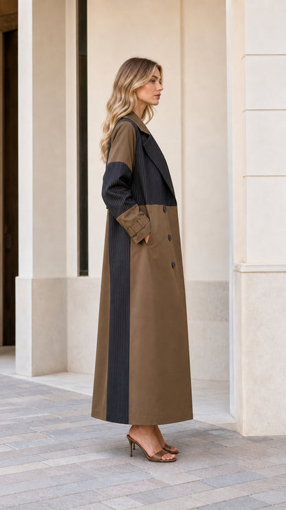 Side profile of woman in Mocha Brown patchwork longline trench coat