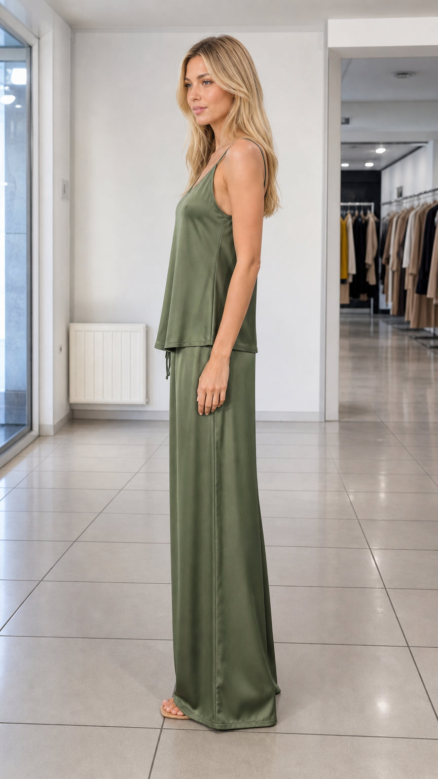 Side profile view of Olive Green satin cami and matching wide-leg pants
