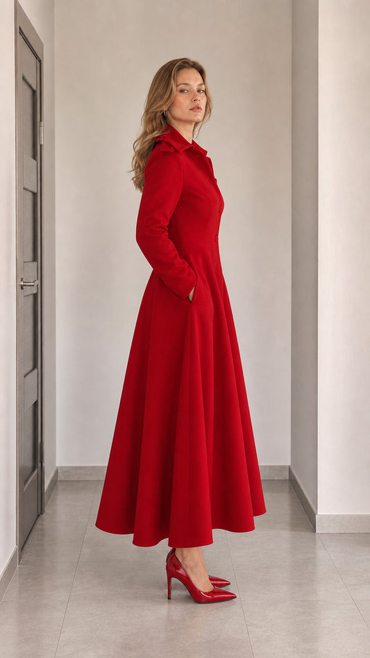 Side full-length view of woman modeling Red A-line maxi swing coat