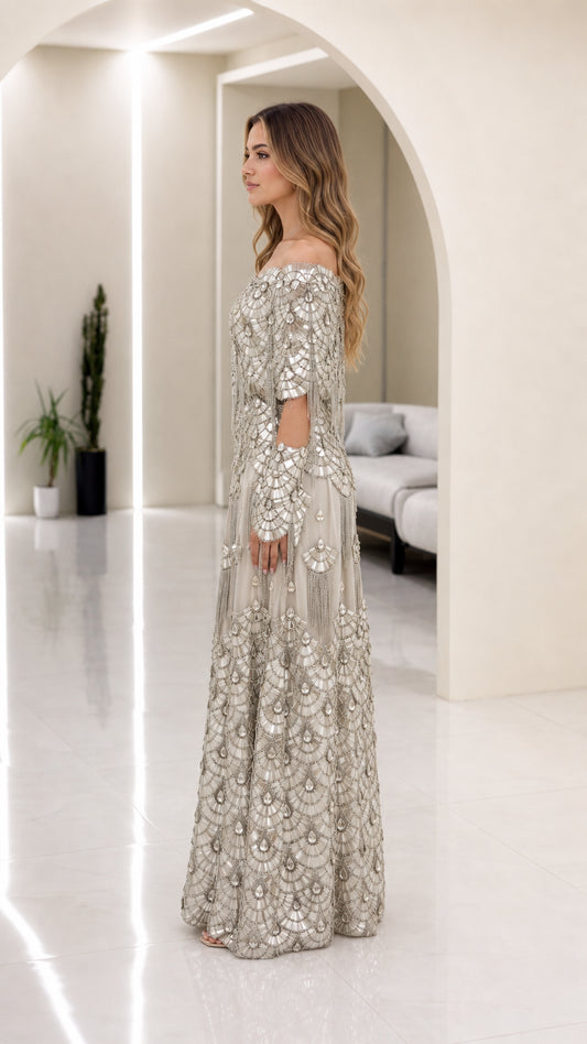 Champagne Silver beaded formal dress side profile view