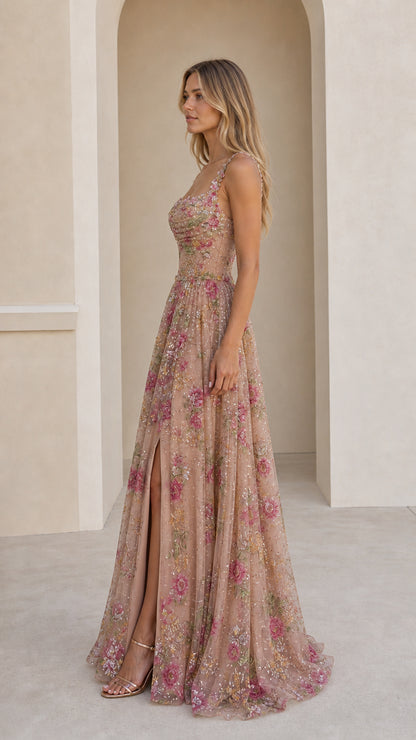 Side profile of Dusty Rose floral sequined evening gown highlighting side slit and floor length drape