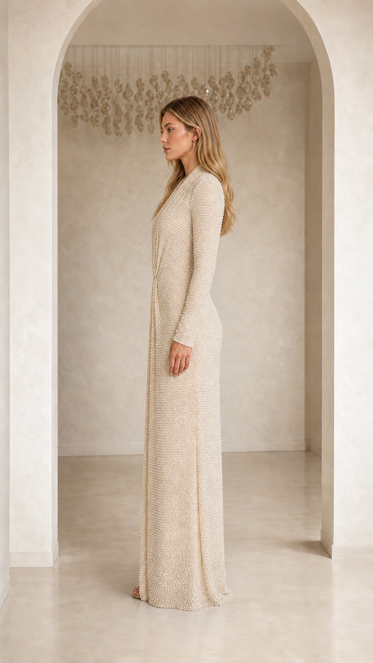 Side profile view of model in Champagne maxi dress